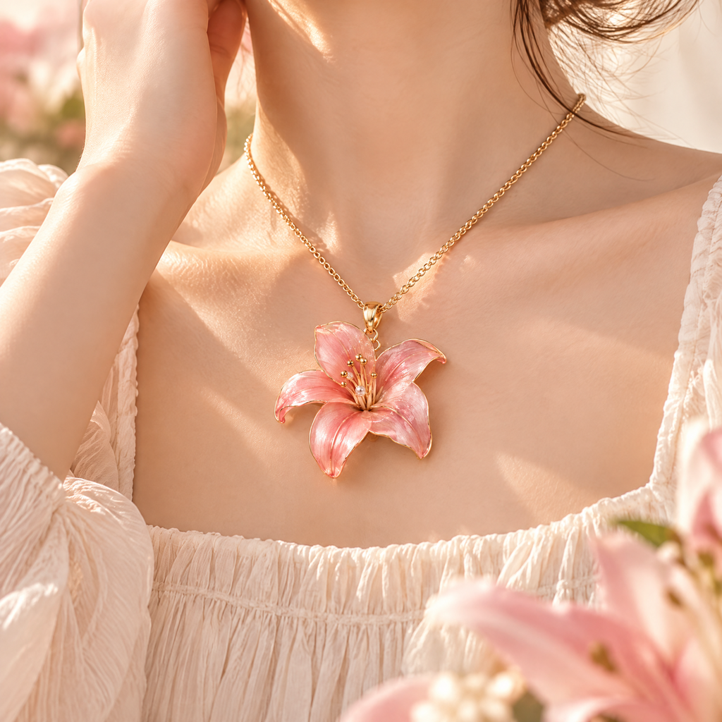 Prvoeian™ Lilienne Resin Lily Pendant Necklace — Botanical Floral Statement Necklace