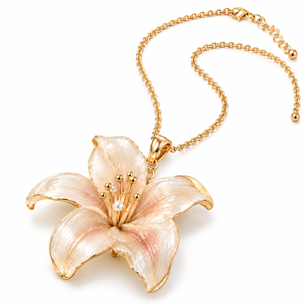 Prvoeian™ Lilienne Resin Lily Pendant Necklace — Botanical Floral Statement Necklace