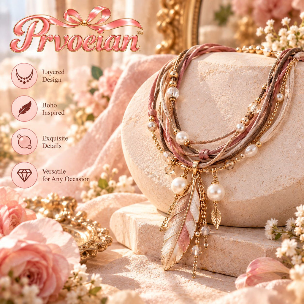 Prvoeian™ Celestine Layered Cord Imitation Pearl & Feather Pendant — Boho Vintage Multi-Strand Necklace