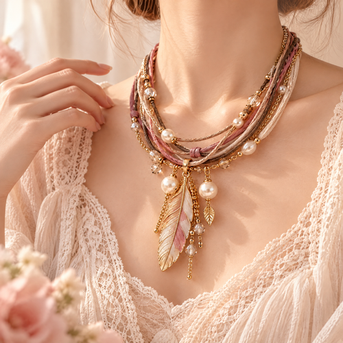 Prvoeian™ Celestine Layered Cord Imitation Pearl & Feather Pendant — Boho Vintage Multi-Strand Necklace