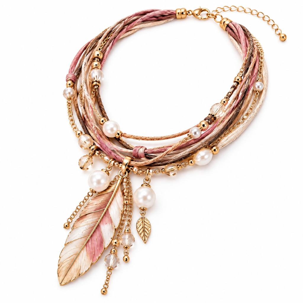 Prvoeian™ Celestine Layered Cord Imitation Pearl & Feather Pendant — Boho Vintage Multi-Strand Necklace