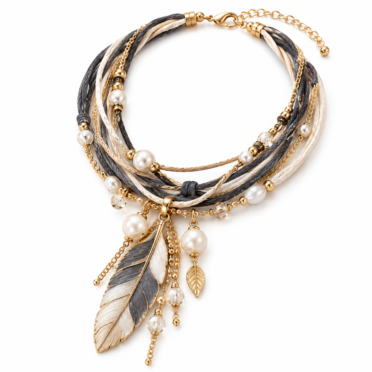 Prvoeian™ Celestine Layered Cord Imitation Pearl & Feather Pendant — Boho Vintage Multi-Strand Necklace