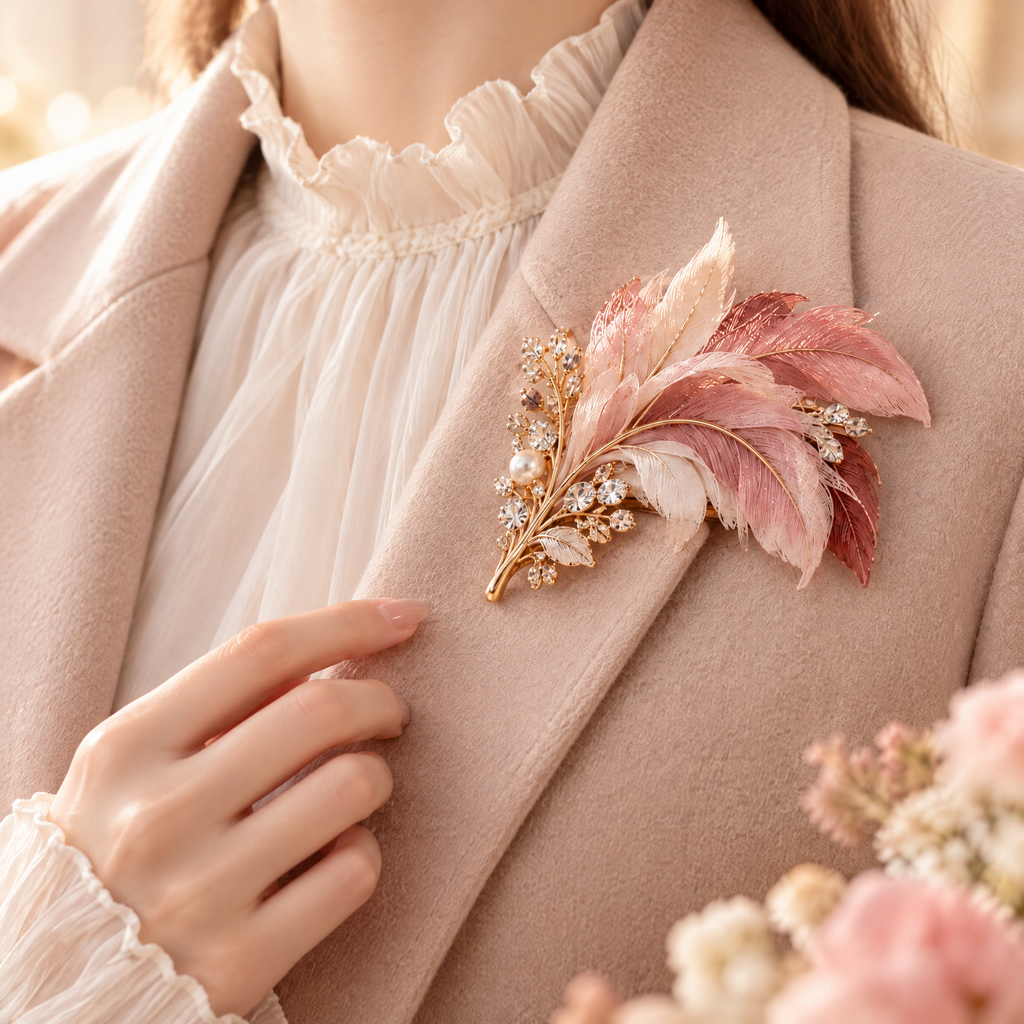 Prvoeian™ Virelle Fabric Feather Brooch — Original Textile Statement Lapel Pin