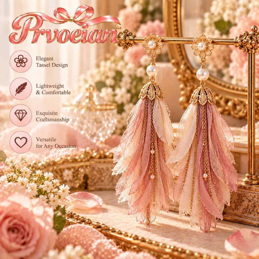 Prvoeian™ Mirelle Imitation Pearl Fabric Tassel Earrings — Long Textile Fringe Drop Earrings