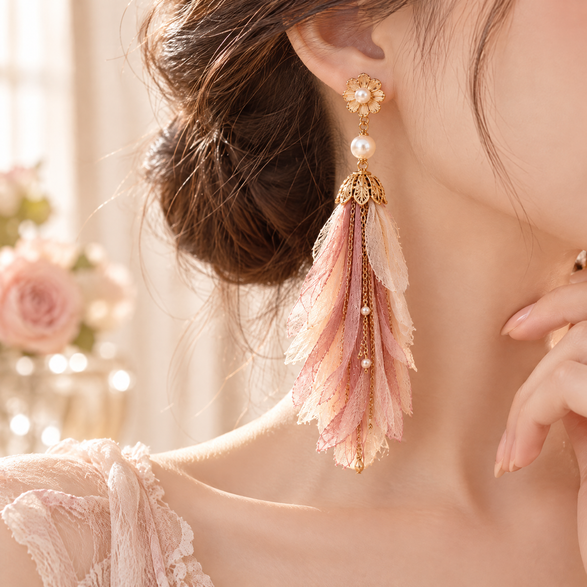 Prvoeian™ Mirelle Imitation Pearl Fabric Tassel Earrings — Long Textile Fringe Drop Earrings