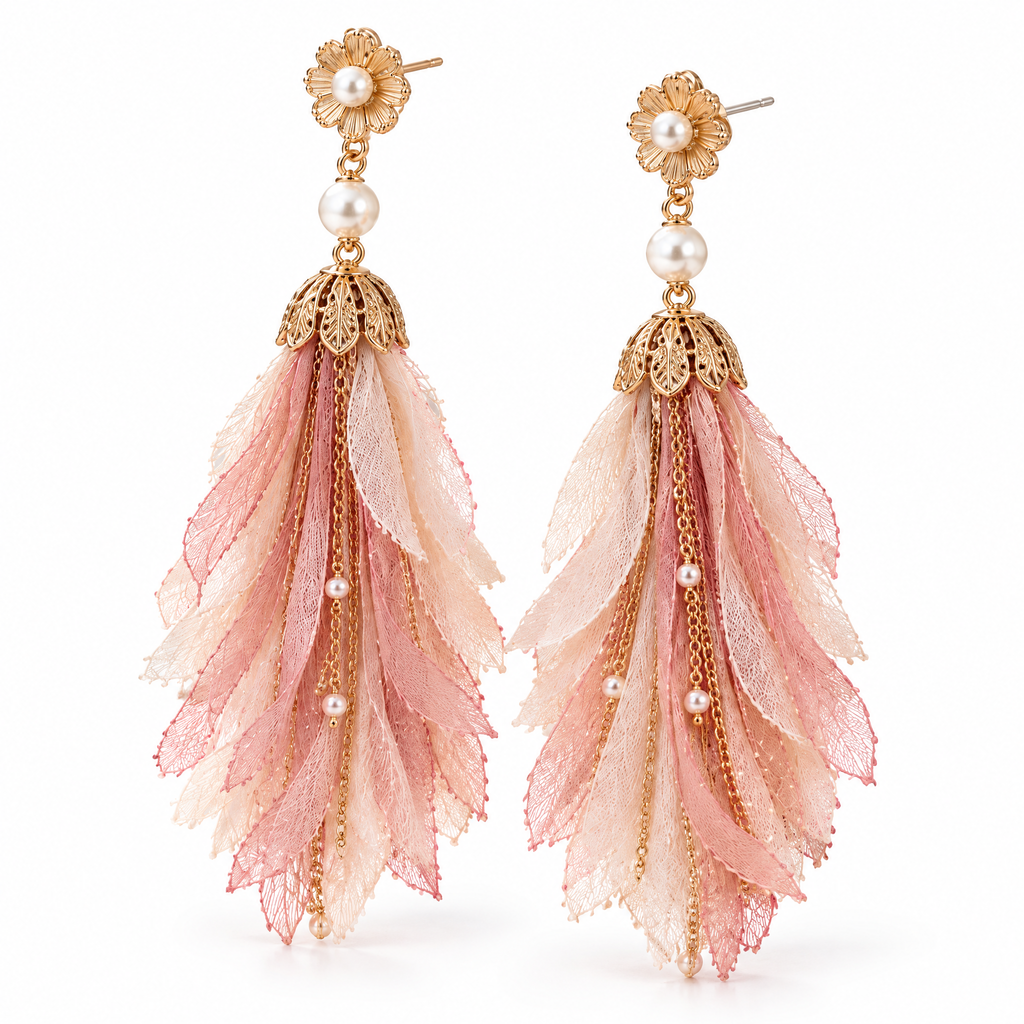 Prvoeian™ Mirelle Imitation Pearl Fabric Tassel Earrings — Long Textile Fringe Drop Earrings