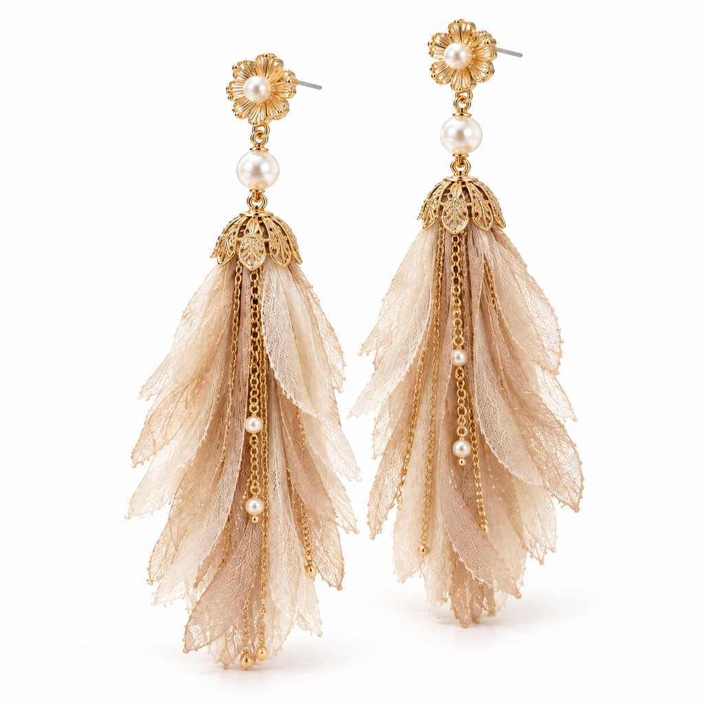 Prvoeian™ Mirelle Imitation Pearl Fabric Tassel Earrings — Long Textile Fringe Drop Earrings
